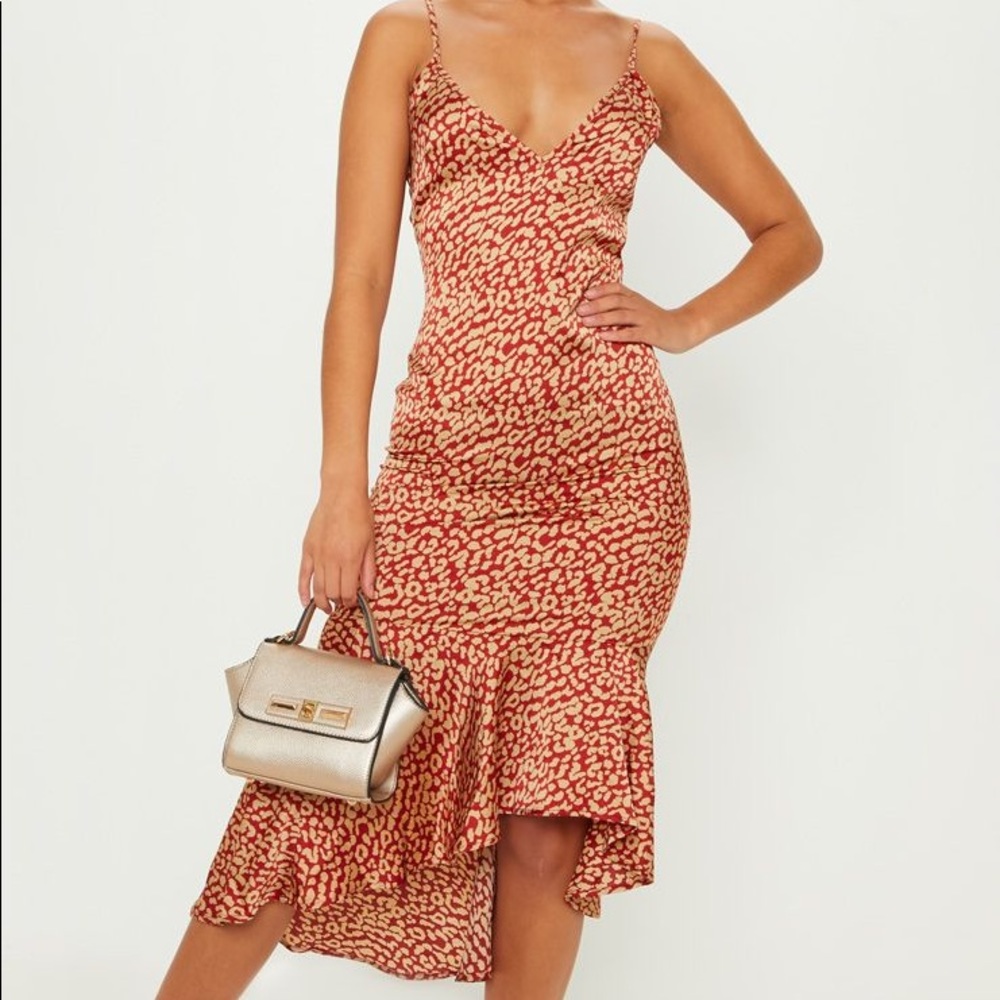 Red Leopard Print Frill Hem Midi Dress - Brand New